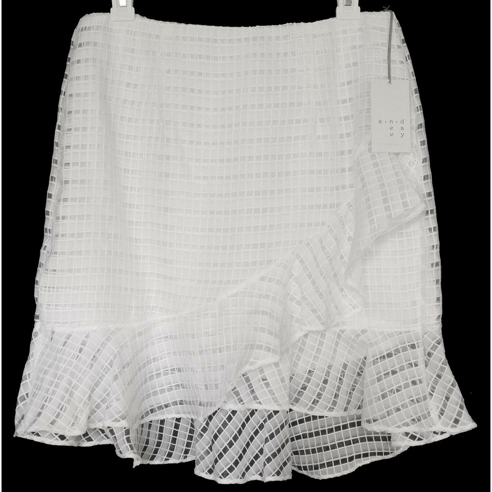 A New Day Womens White Tiered Ruffle Skirt 10 Lined Asymmetrical Patterned NWT